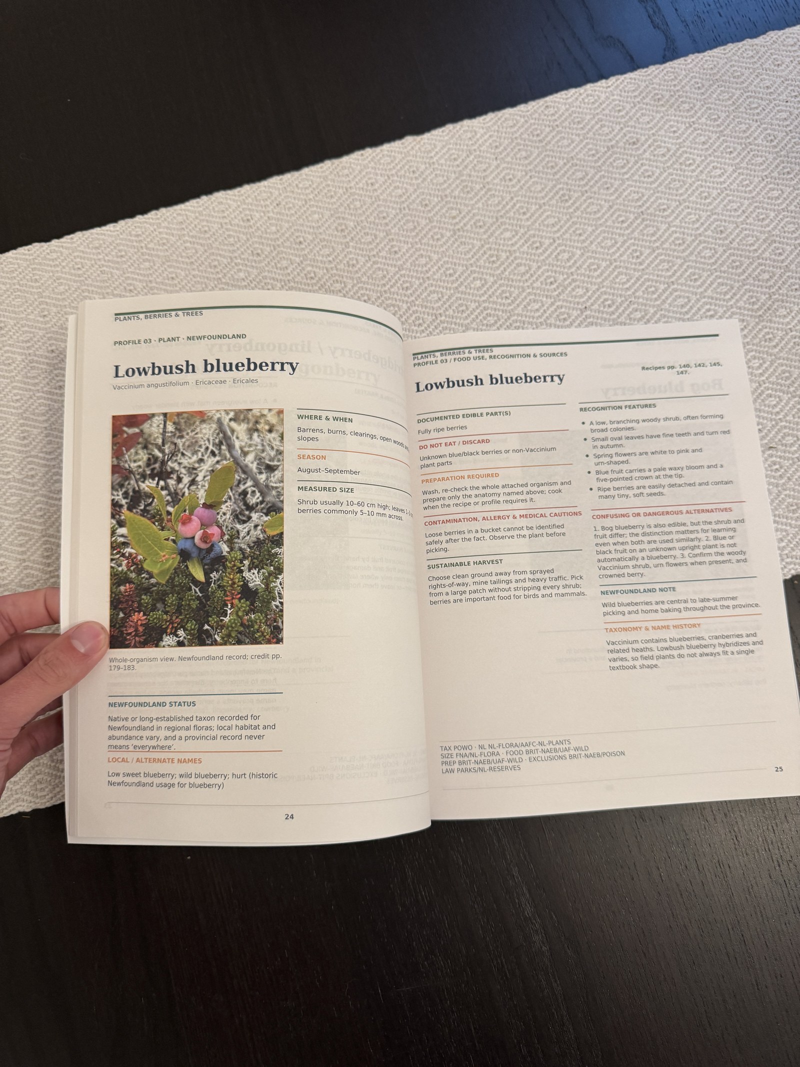Complete physical-book photograph of the lowbush blueberry profile spread