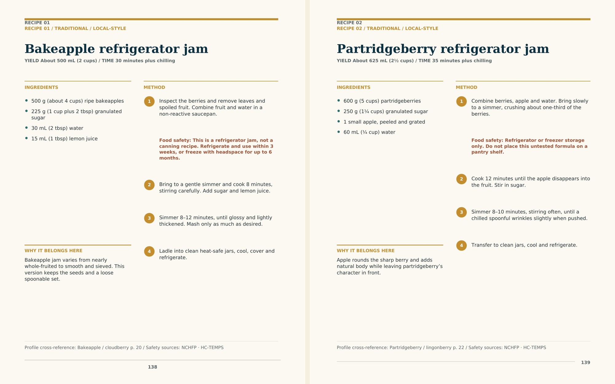 Two-page recipe preview showing bakeapple and partridgeberry refrigerator jams